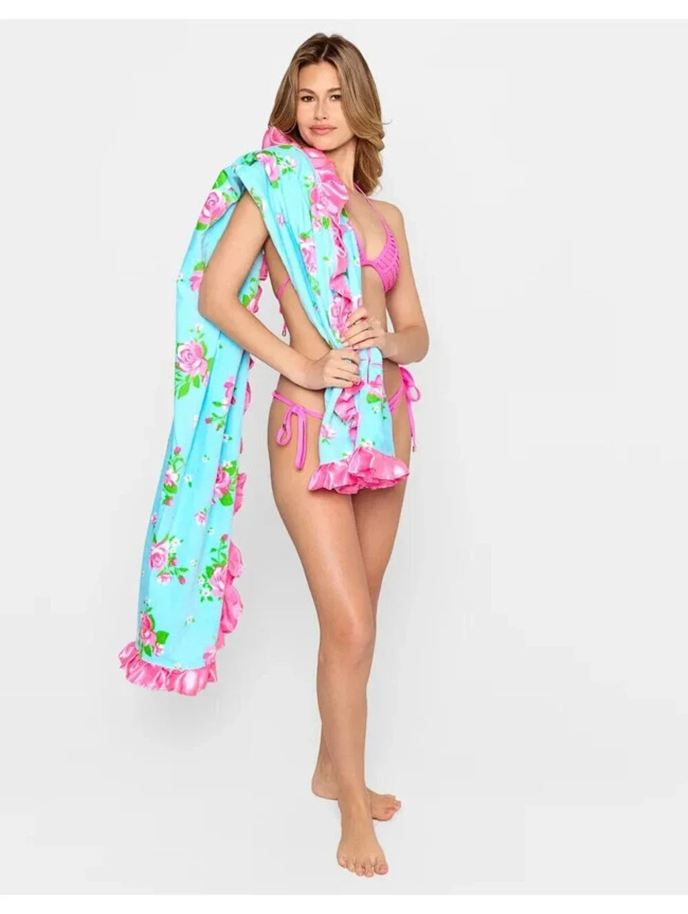 BEACH BUNNY SKY BLUE GARDEN FLORAL PINK SATIN RUFFLE TRIM TOWEL 70 x 39